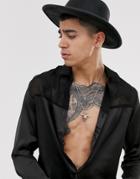Asos Design Regular Fit Satin Shirt With Sheer Cut & Sew Panel-black