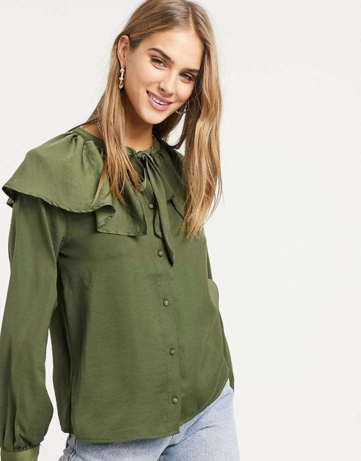 Vila Blouse With Exaggerated Tie Collar And Balloon Sleeves In Green