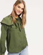 Vila Blouse With Exaggerated Tie Collar And Balloon Sleeves In Green