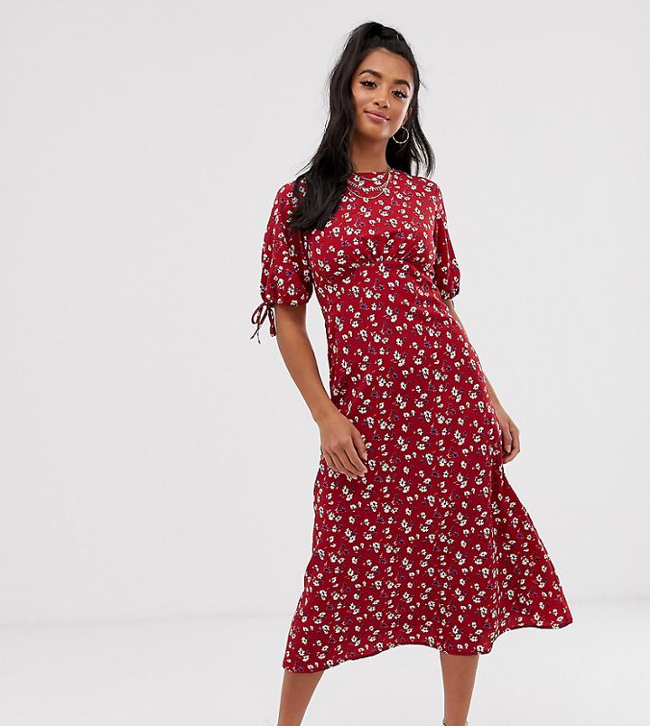 Fashion Union Petite Midi Tea Dress In Floral - Red