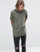 Asos Longline T-shirt With Script Neck And Hem Print And Raw Edges - Burnt Olive