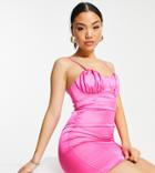 Flounce London Petite Satin Mini Dress With Ruched Cup Detail In Hot Pink