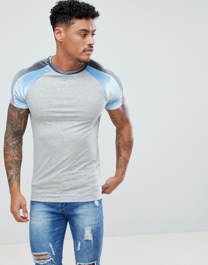 Asos Design Muscle T-shirt With Velour Panel Raglan Sleeves In Gray Marl - Gray