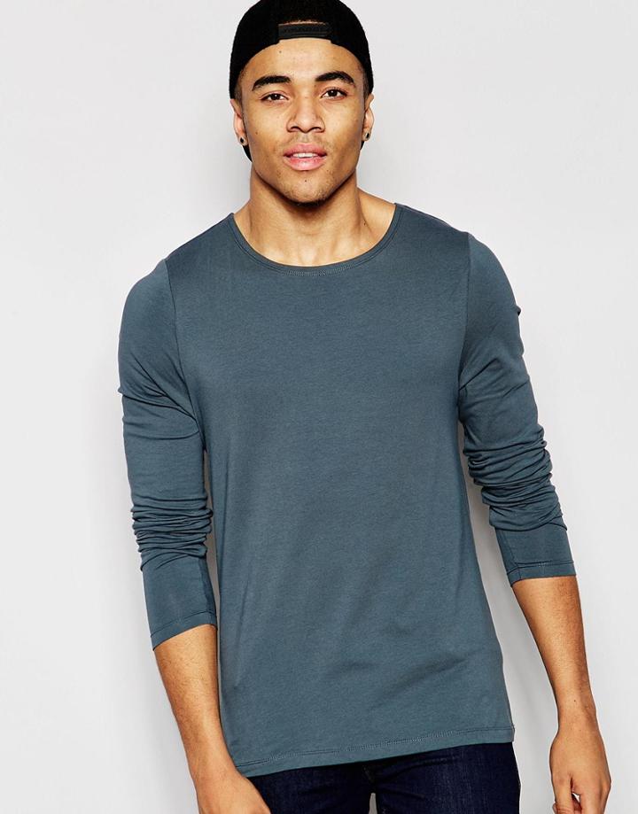 Asos Muscle Long Sleeve T-shirt With Boat Neck In Gray - Gray