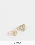Asos Design Pack Of 2 Pinky Rings With Vintage Style Icon In Heart And Crystal Design In Gold - Gold