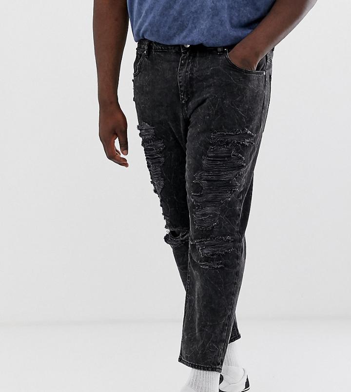 Asos Design Plus Classic Rigid Jeans In Vintage Washed Black With Heavy Rips