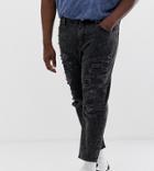 Asos Design Plus Classic Rigid Jeans In Vintage Washed Black With Heavy Rips
