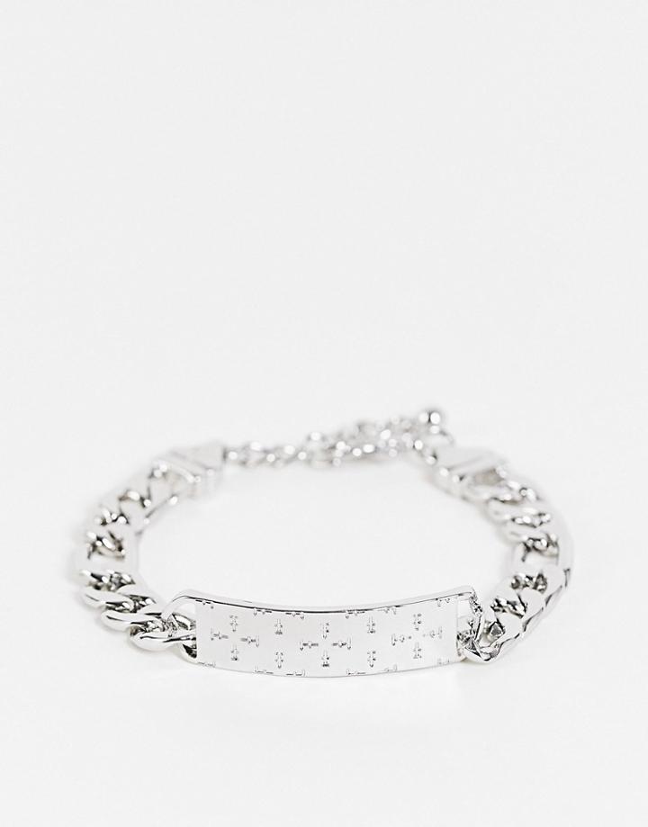 Asos Design Chunky Chain Bracelet With Cross Emboss And Tag Detail-silver