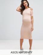 Asos Maternity Cold Shoulder Bodycon Dress In Rib - Pink