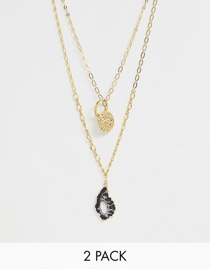 Asos Design Pack Of 2 Gold Plated Necklaces With Molten Coin And Ring Pendants And Semi-precious Agate Stone - Gold