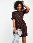 Influence Frill Hem Tie Waist Mini Dress In Heart Print-black