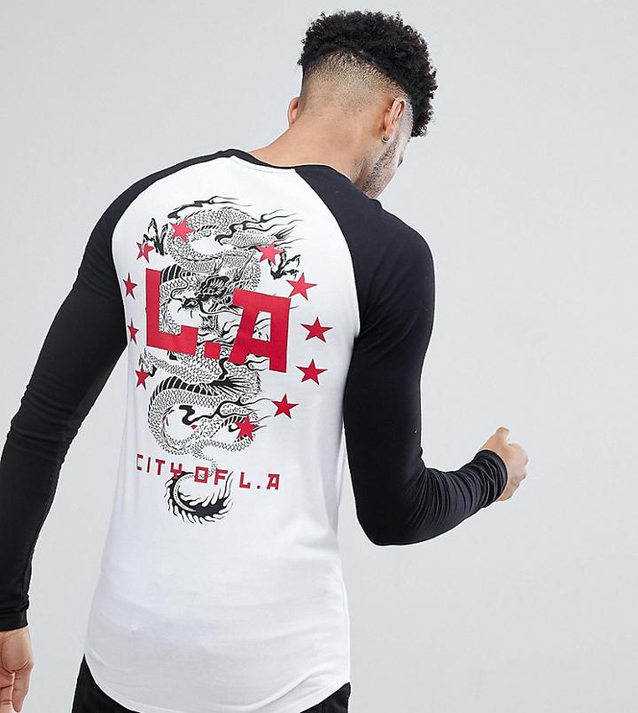Asos Design Tall Muscle Longline Long Sleeve Raglan With Dragon Print And Curve Hem - White