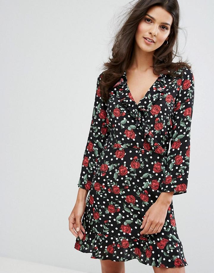 Mango Floral Wrap Front Tea Dress - Black