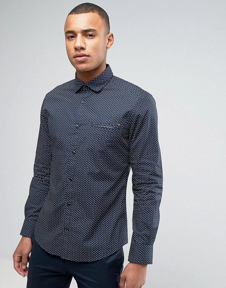 Esprit Slim Fit Long Sleeve Shirt With All Over Ditzy Fit - Navy