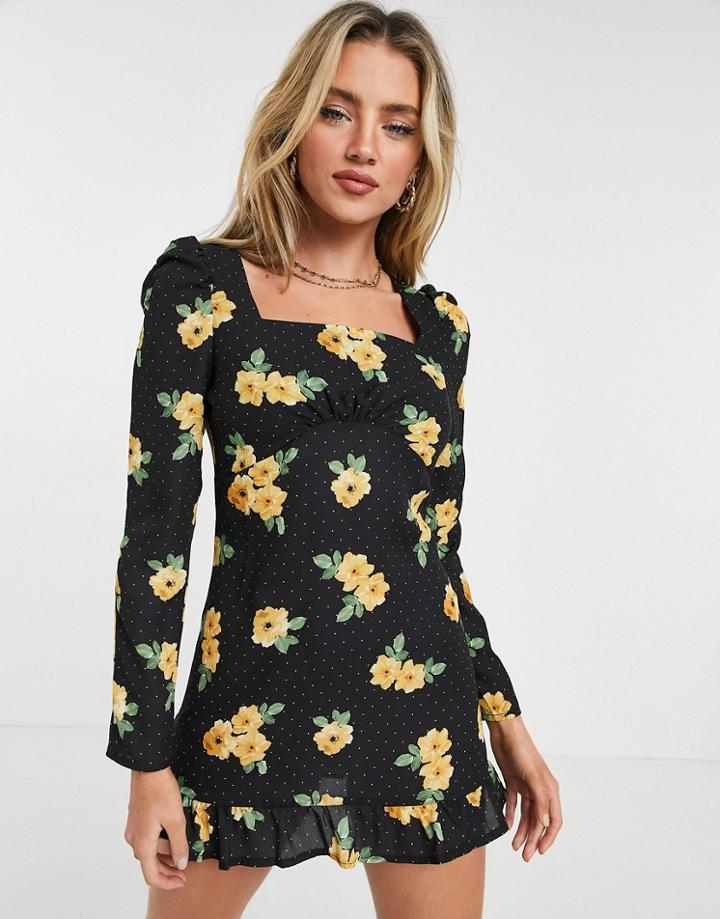 Miss Selfridge Square Neck Mini Dress In Black Floral