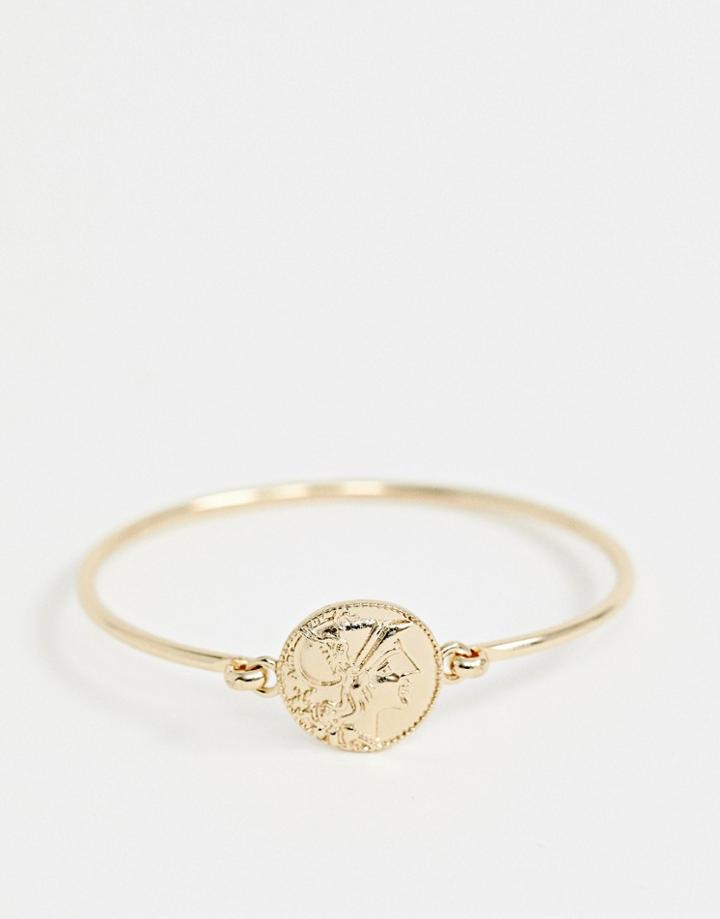 Asos Design Bangle Bracelet With Worn Vintage Coin In Gold - Gold