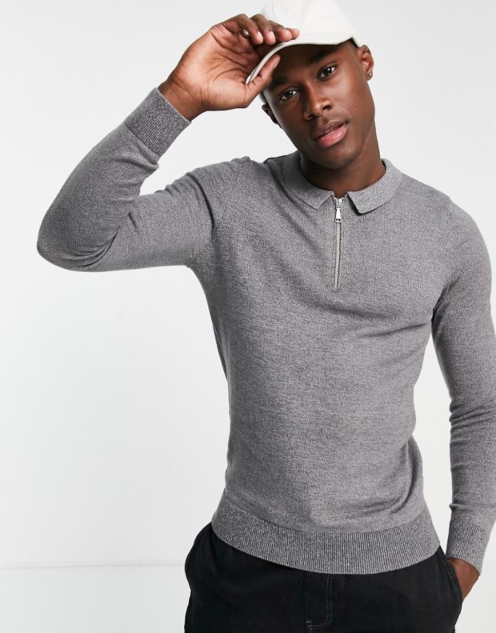 New Look Muscle Fit Knitted Zip Neck Sweater In Gray-grey