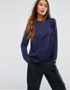 Asos Minimal Satin Long Sleeve Top - Navy