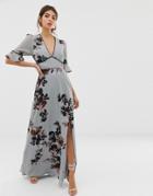 Hope & Ivy Floral Short Sleeve Fluted Arm Maxi Dress - Gray