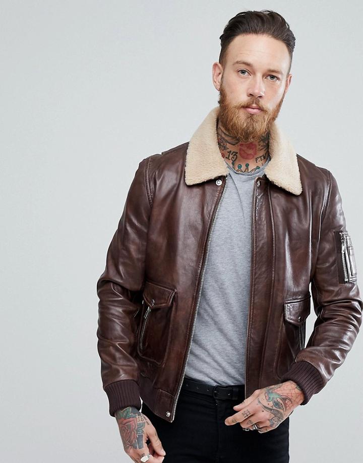Black Dust Leather Aviator Jacket In Dark Brown With Fleece Collar - Brown