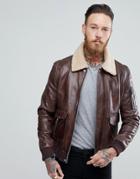 Black Dust Leather Aviator Jacket In Dark Brown With Fleece Collar - Brown