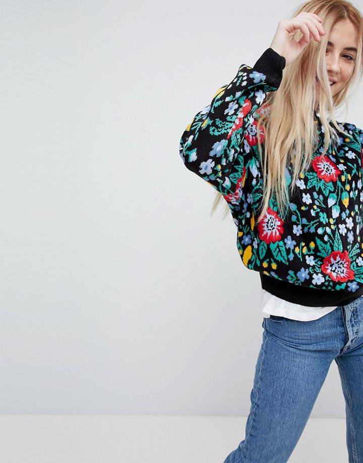 Pull & Bear Knitted All Over Floral Sweater - Black