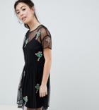 Asos Design Petite Mesh Smock Dress With Cactus Applique - Black