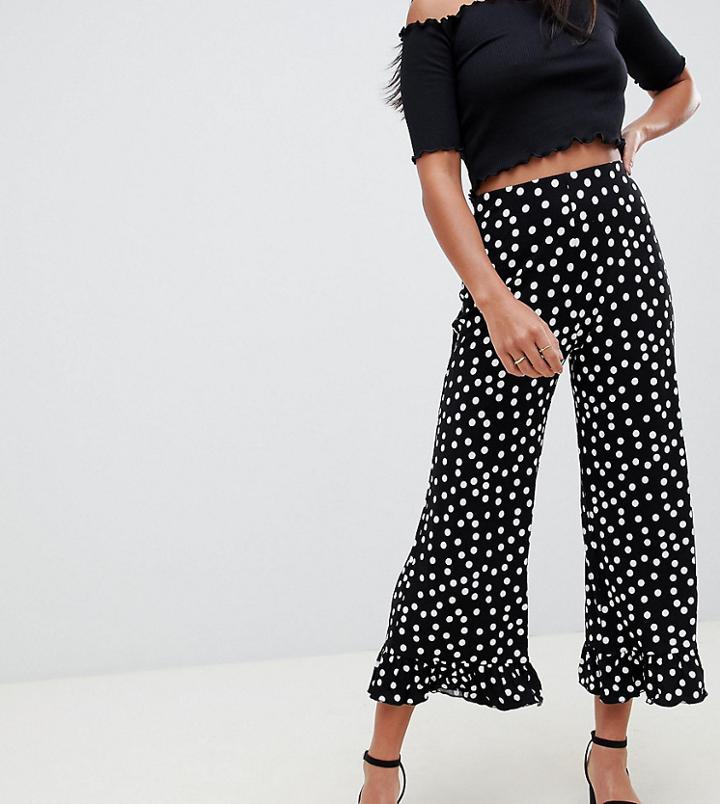 Asos Design Petite Pants With Fluted Ruffle Hem In Polka Dot - Black