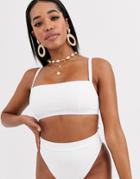 Asos Design Fuller Bust Square Neck Skinny Crop Bikini Top In White Rib Dd-g