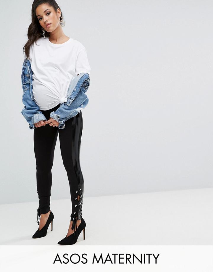 Asos Maternity Leggings With Vinyl Panel And Lace Up Detail - Black