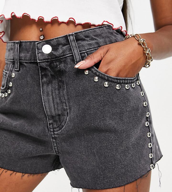 Miss Selfridge Petite Denim Studded Shorts In Washed Black
