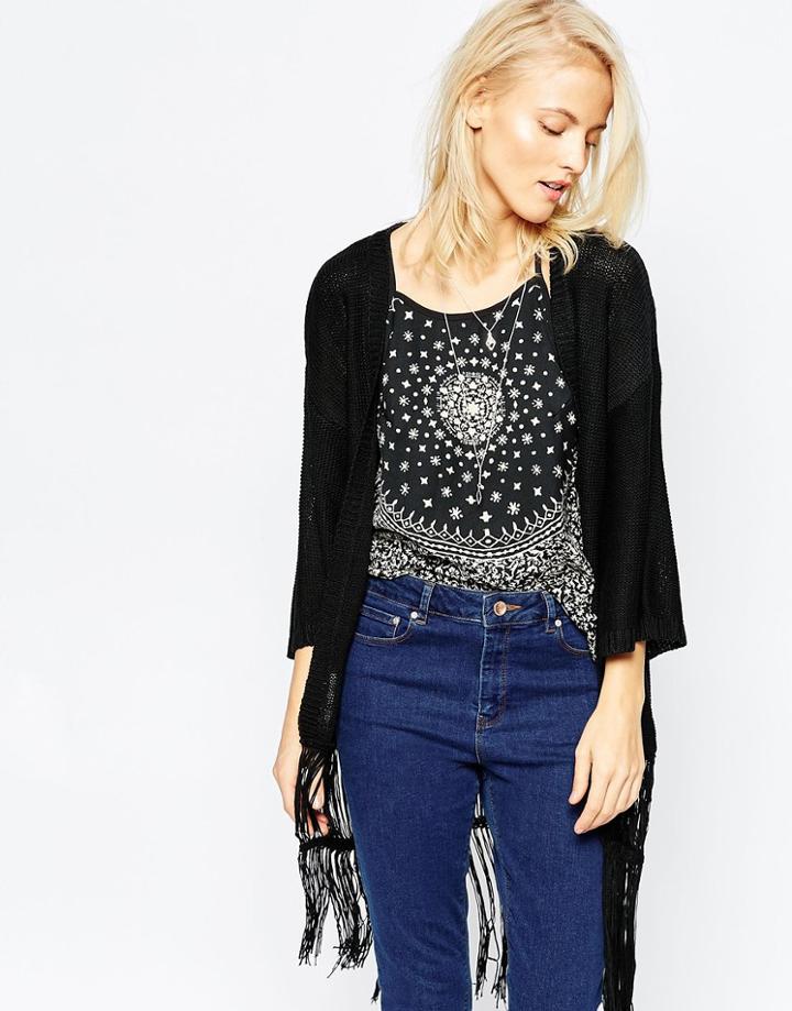 Brave Soul 3/4 Sleeve Cardigan With Tassel Detail - Black
