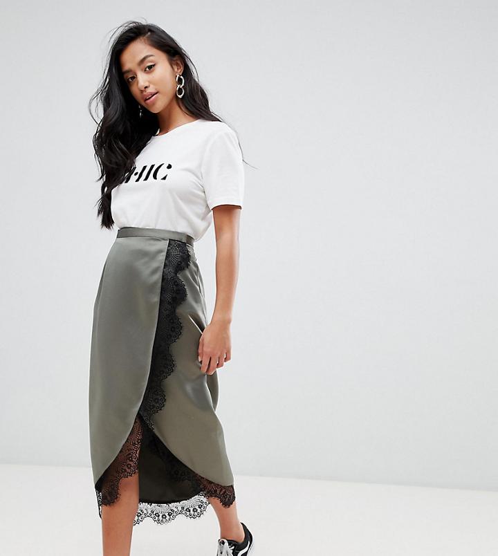 Asos Design Petite Wrap Midi Skirt With Lace Trim - Green