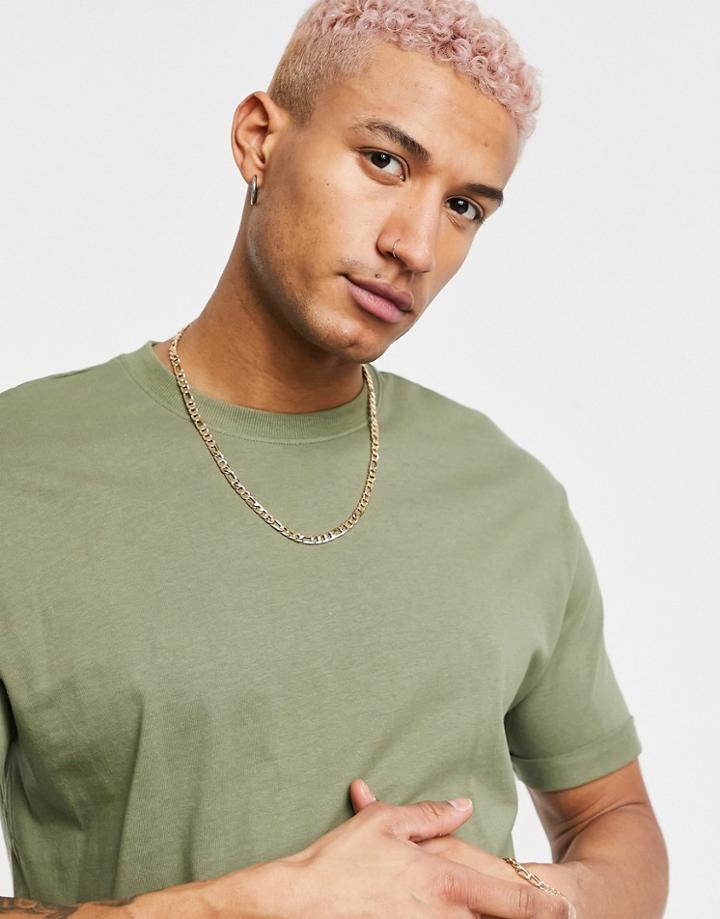 Bershka Longline T-shirt In Khaki-green