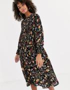 Never Fully Dressed Shirred Midi Skater Dress In Dark Floral Print-multi