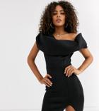 Asos Design Tall One Shoulder Bardot Mini Dress With Fold Detail - Black