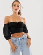 River Island Bardot Top With Puff Sleeves In Black