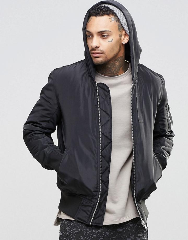 Asos Hooded Bomber Jacket With Ma1 Pocket In Black - Black