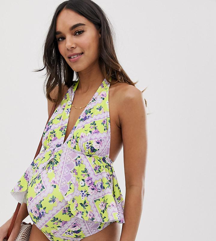 Asos Design Maternity Recycled Floaty Halter Swimsuit In Lace Floral Print - Yellow