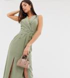 Asos Design Tall Sleeveless Tux Midi Dress With Belt - Green