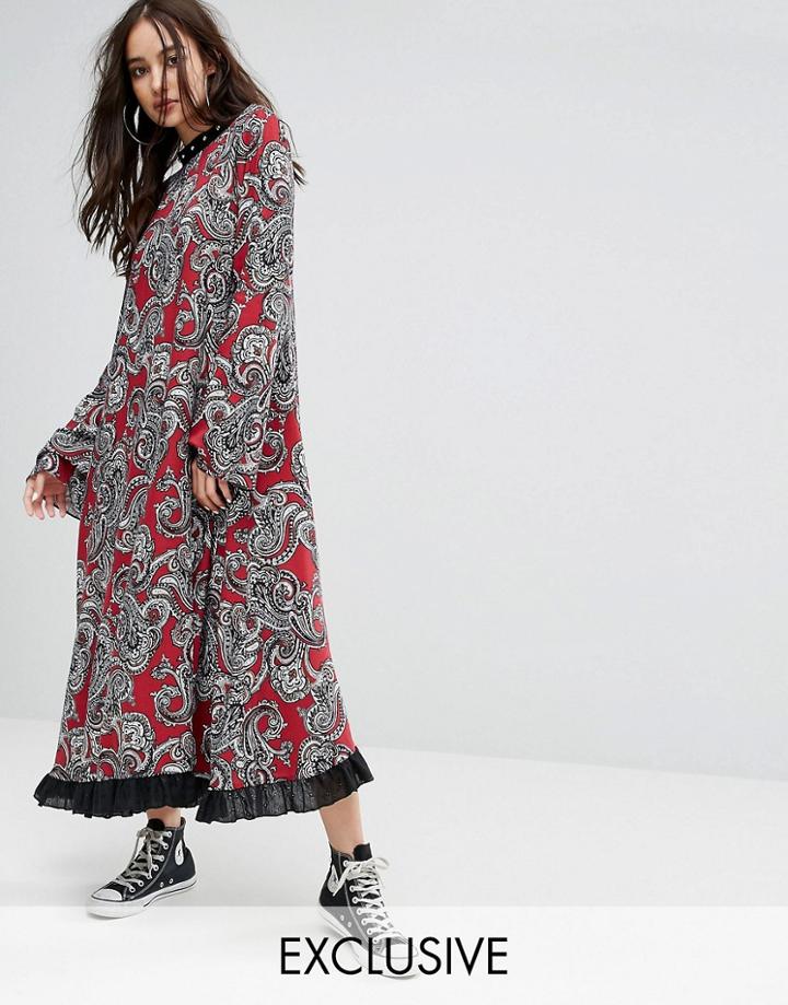 Reclaimed Vintage Inspired Flare Sleeve Maxi Dress With Studded Neck Trim - Red