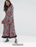 Reclaimed Vintage Inspired Flare Sleeve Maxi Dress With Studded Neck Trim - Red