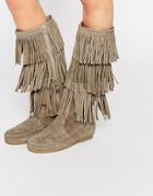 Asos Catch Up Leather Fringe Knee High Boots - Sand