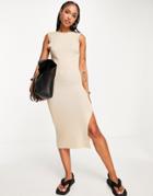 Asos Design Knitted Maxi Dress In Wide Rib With Low Back Detail In Oatmeal-neutral