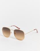 Asos Design Metal Angle Round Sunglasses With Brown Lens-gold