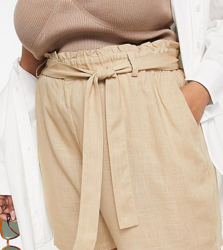 Vero Moda Curve Shorts With Paperbag Waist In Camel-brown