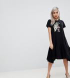Asos Petite Smock Dress With Tiger Embroidery - Black