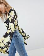 Asos Design Wrap Blouse With Kimono Sleeve In Rose Floral - Multi