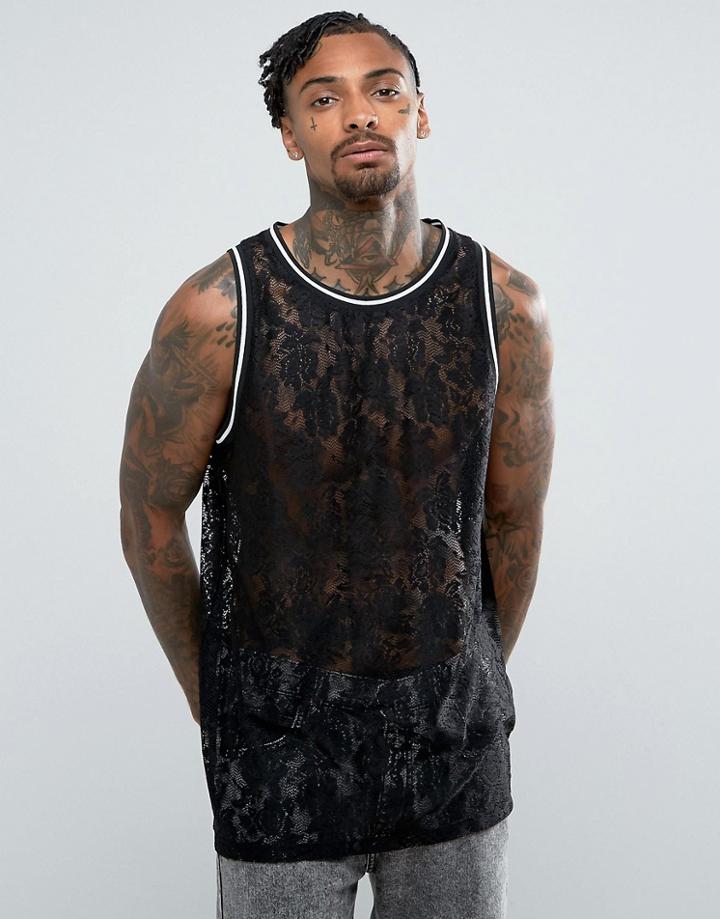 Asos Oversized Longline Tank In Lace With Monochrome Tipping - Black