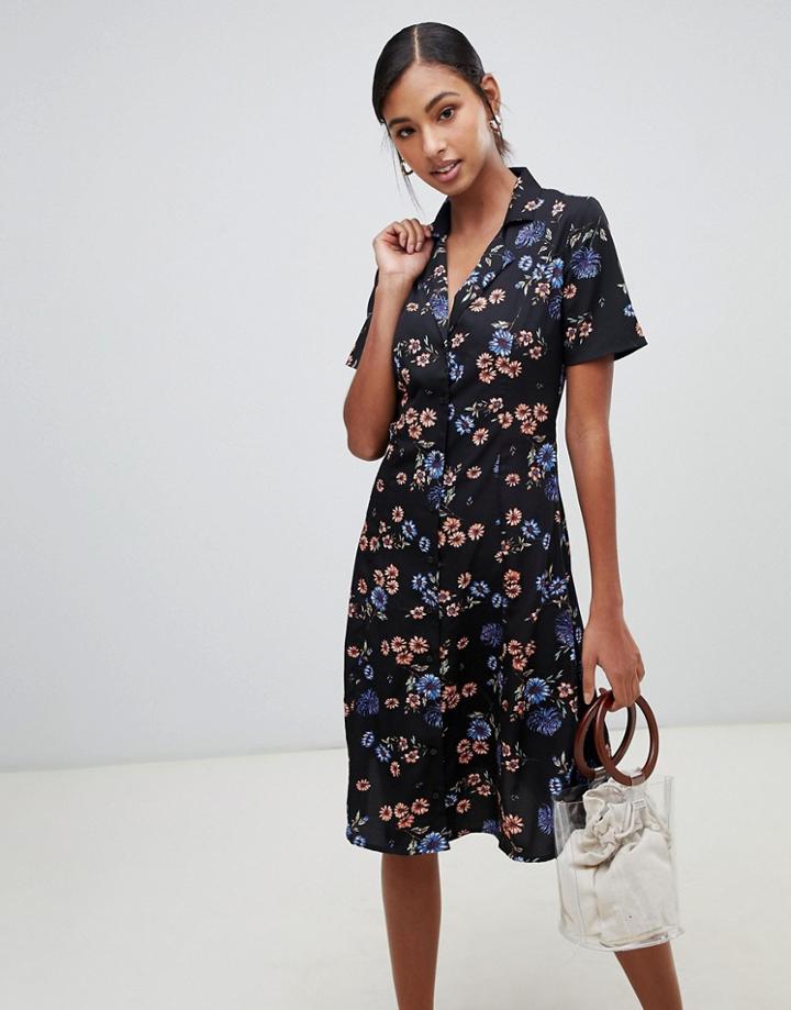 Influence Floral Button Down Midi Shirt Dress - Black